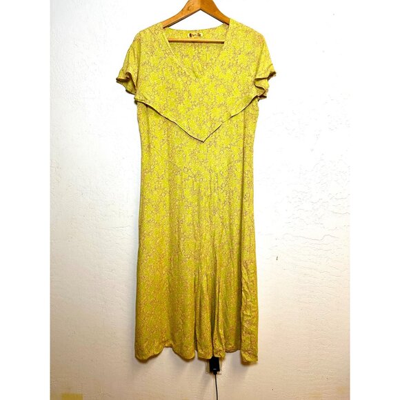 April Cornell Yellow Floral Midi Dress Rayon Ruffle Overlay V-Neck Size M - Picture 4 of 8